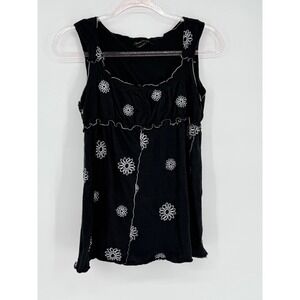 BCBG Maxazaria Black Sleeveless Embroidered Floral Tank Top Bohemian Womens Sz M